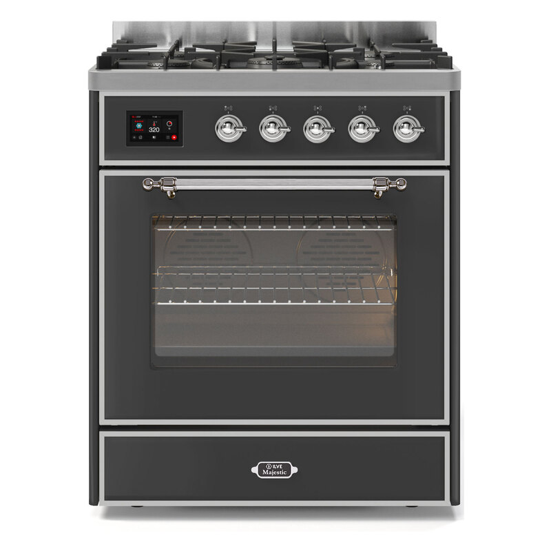 ILVE UM30DNE3MGCLP Majestic II 30" Dual Fuel Range (Liquid Propane, Triple Glass Door, Graphite Matte, Chrome)