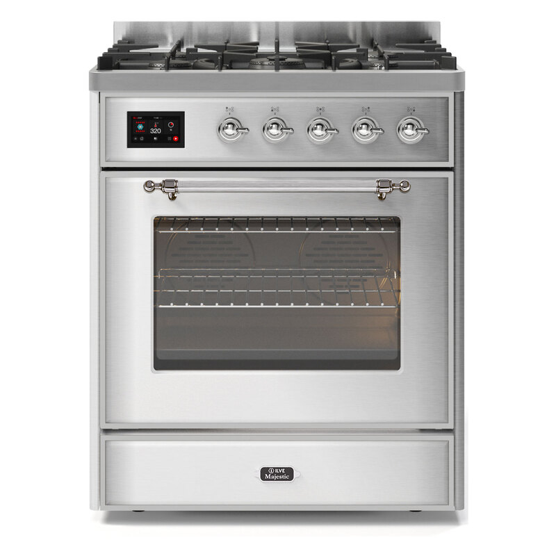 ILVE UM30DNE3SSCLP Majestic II 30" Dual Fuel Range (Liquid Propane, Triple Glass Door, Stainless Steel, Chrome)