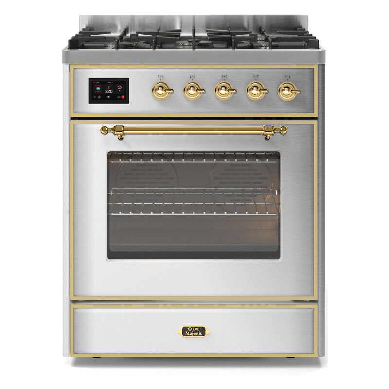 ILVE UM30DNE3SSGLP Majestic II 30" Dual Fuel Range (Liquid Propane, Triple Glass Door, Stainless Steel, Brass)