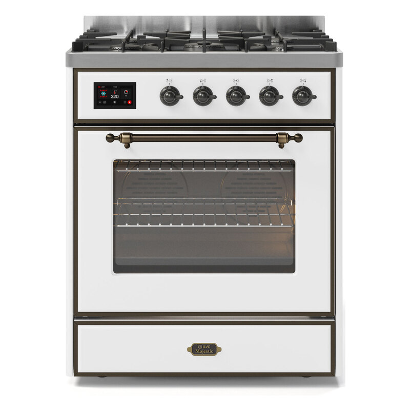 ILVE UM30DNE3WHBLP Majestic II 30" Dual Fuel Range (Liquid Propane, Triple Glass Door, White, Burnished)