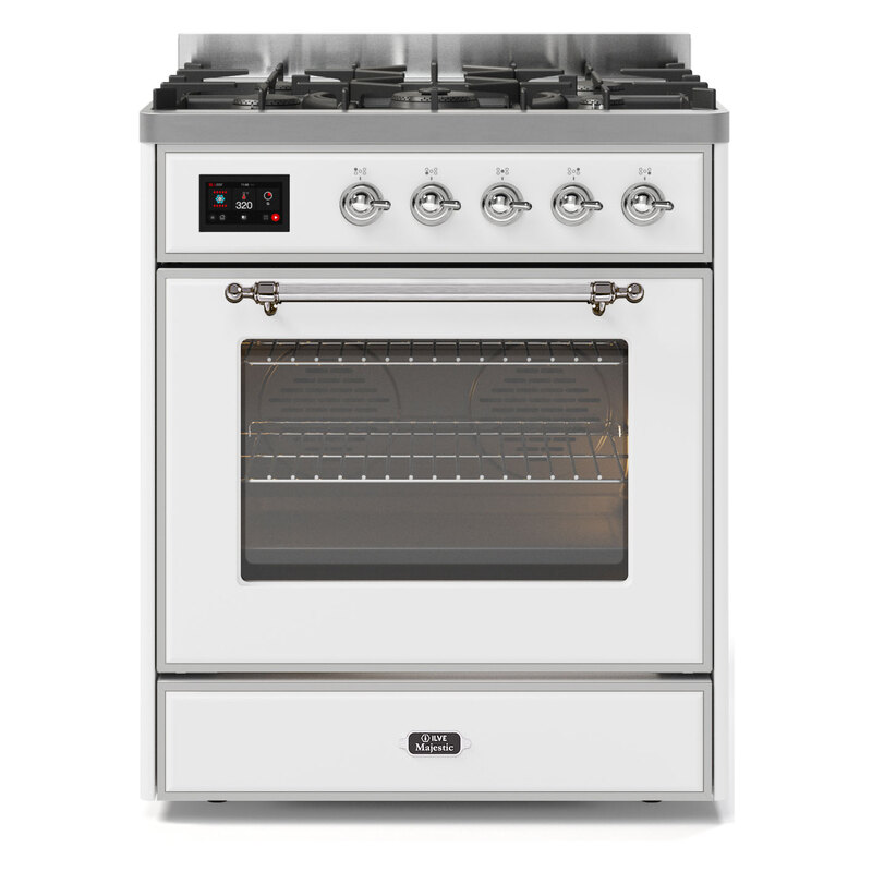 ILVE UM30DNE3WHCLP Majestic II 30" Dual Fuel Range (Liquid Propane, Triple Glass Door, White, Chrome)