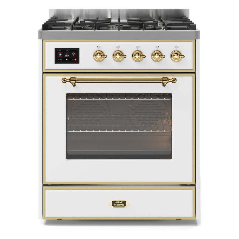 ILVE UM30DNE3WHGLP Majestic II 30" Dual Fuel Range (Liquid Propane, Triple Glass Door, White, Brass)