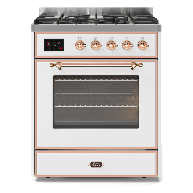 ILVE UM30DNE3WHPLP Majestic II 30" Dual Fuel Range (Liquid Propane, Triple Glass Door, White, Copper)