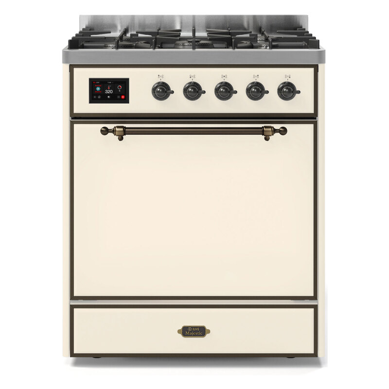 ILVE UM30DQNE3AWBLP Majestic II 30" Dual Fuel Range (Liquid Propane, Solid Door, Antique White, Burnished)