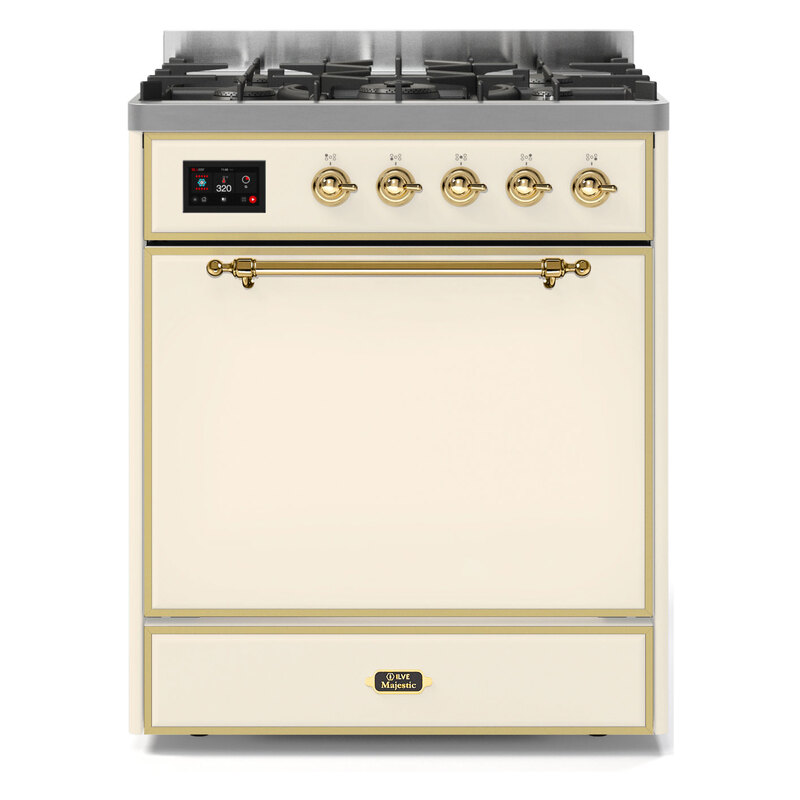 ILVE UM30DQNE3AWGLP Majestic II 30" Dual Fuel Range (Liquid Propane, Solid Door, Antique White, Brass)