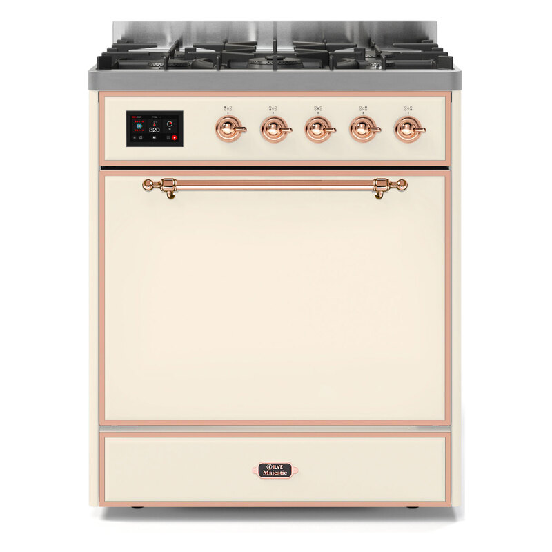 ILVE UM30DQNE3AWPLP Majestic II 30" Dual Fuel Range (Liquid Propane, Solid Door, Antique White, Copper)