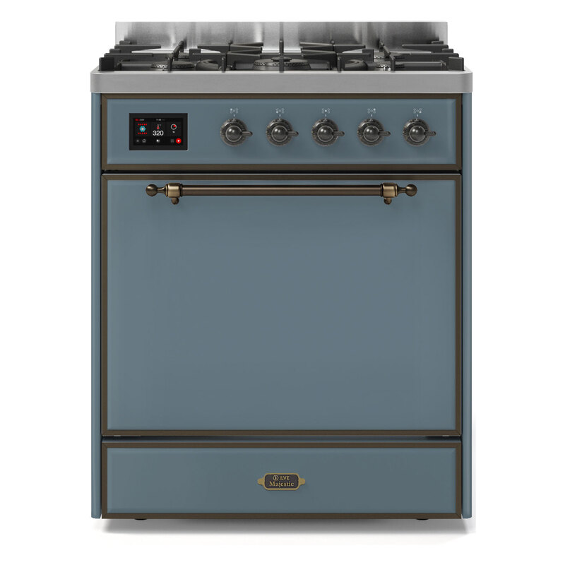 ILVE UM30DQNE3BGBLP Majestic II 30" Dual Fuel Range (Liquid Propane, Solid Door, Blue Grey, Burnished)