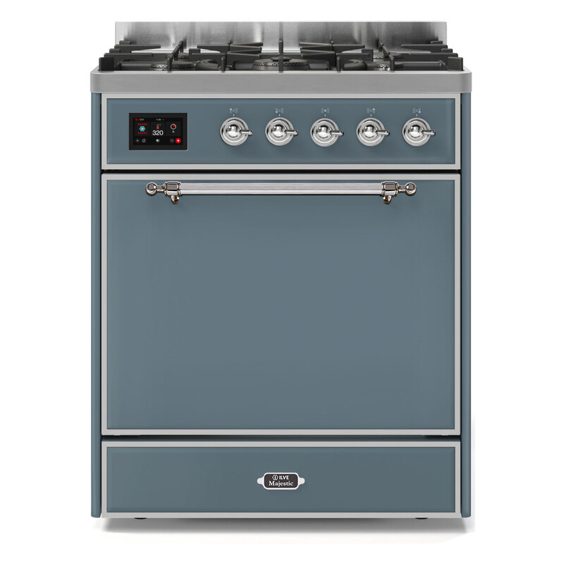 ILVE UM30DQNE3BGCLP Majestic II 30" Dual Fuel Range (Liquid Propane, Solid Door, Blue Grey, Chrome)