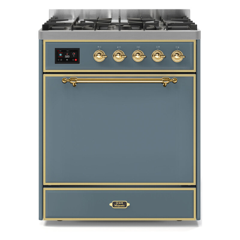 ILVE UM30DQNE3BGGLP Majestic II 30" Dual Fuel Range (Liquid Propane, Solid Door, Blue Grey, Brass)