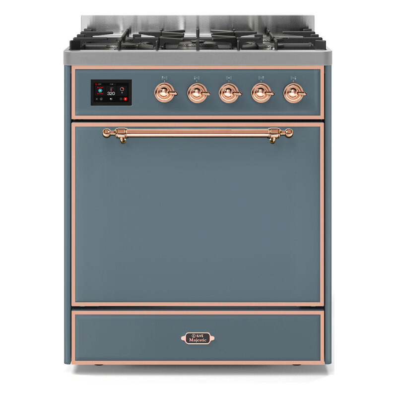 ILVE UM30DQNE3BGPLP Majestic II 30" Dual Fuel Range (Liquid Propane, Solid Door, Blue Grey, Copper)