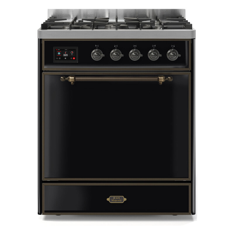 ILVE UM30DQNE3BKBLP Majestic II 30" Dual Fuel Range (Liquid Propane, Solid Door, Glossy Black, Burnished)