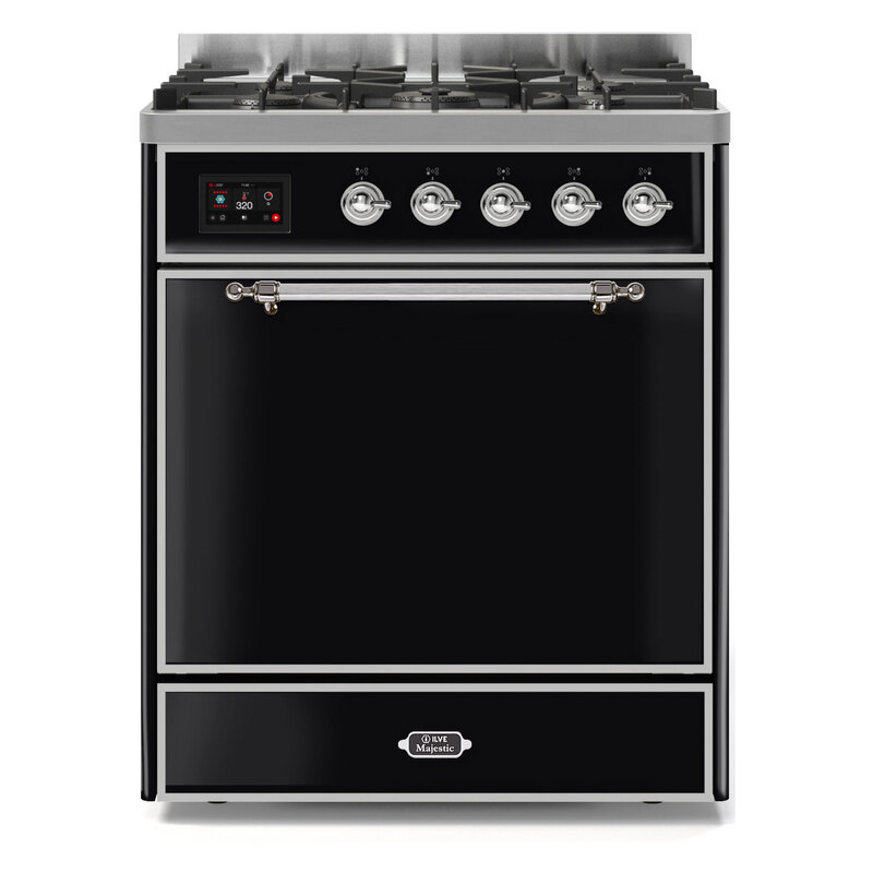 ILVE UM30DQNE3BKCLP Majestic II 30" Dual Fuel Range (Liquid Propane, Solid Door, Glossy Black, Chrome)