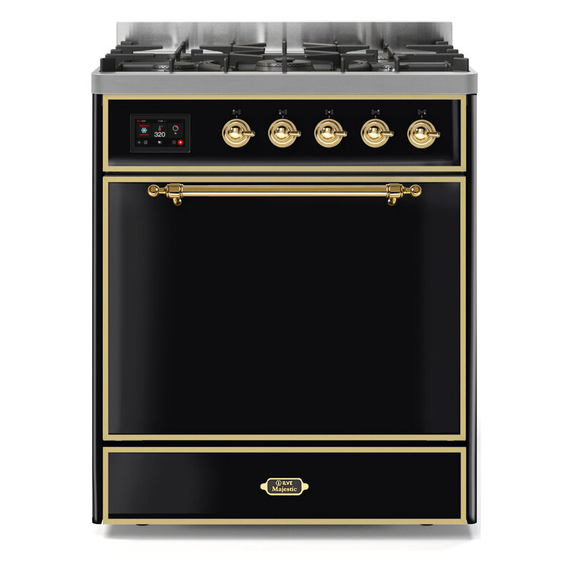 ILVE UM30DQNE3BKGLP Majestic II 30" Dual Fuel Range (Liquid Propane, Solid Door, Glossy Black, Brass)