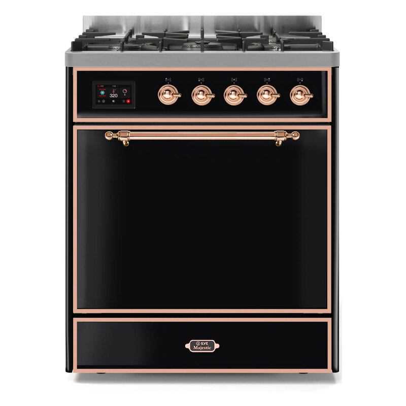 ILVE UM30DQNE3BKPLP Majestic II 30" Dual Fuel Range (Liquid Propane, Solid Door, Glossy Black, Copper)