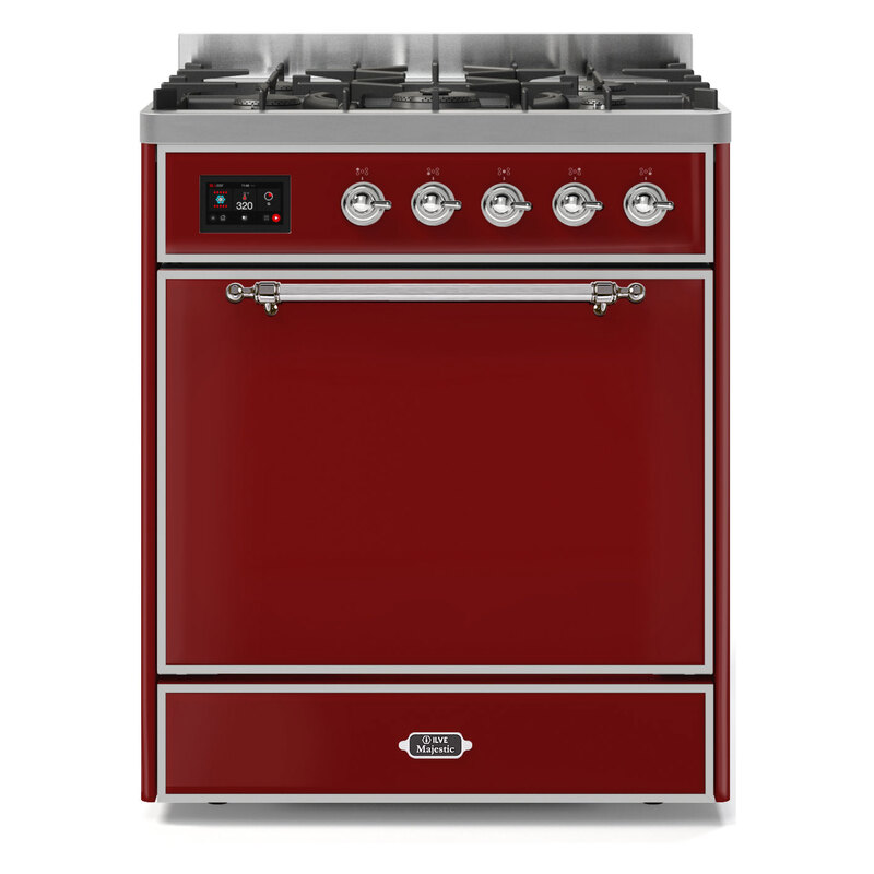 ILVE UM30DQNE3BUCLP Majestic II 30" Dual Fuel Range (Liquid Propane, Solid Door, Burgundy, Chrome)