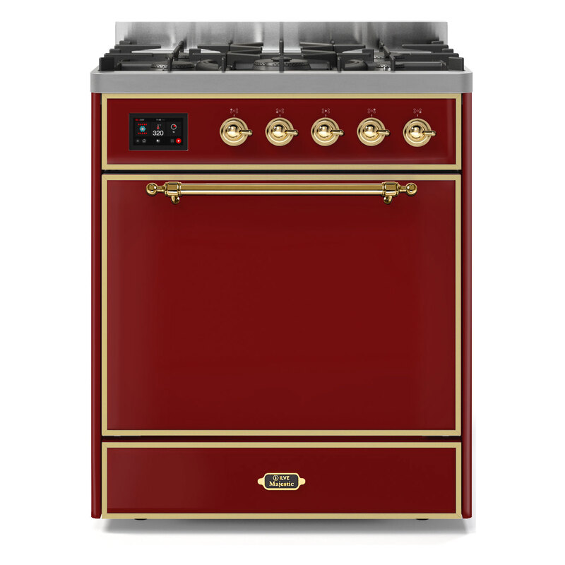 ILVE UM30DQNE3BUGLP Majestic II 30" Dual Fuel Range (Liquid Propane, Solid Door, Burgundy, Brass)