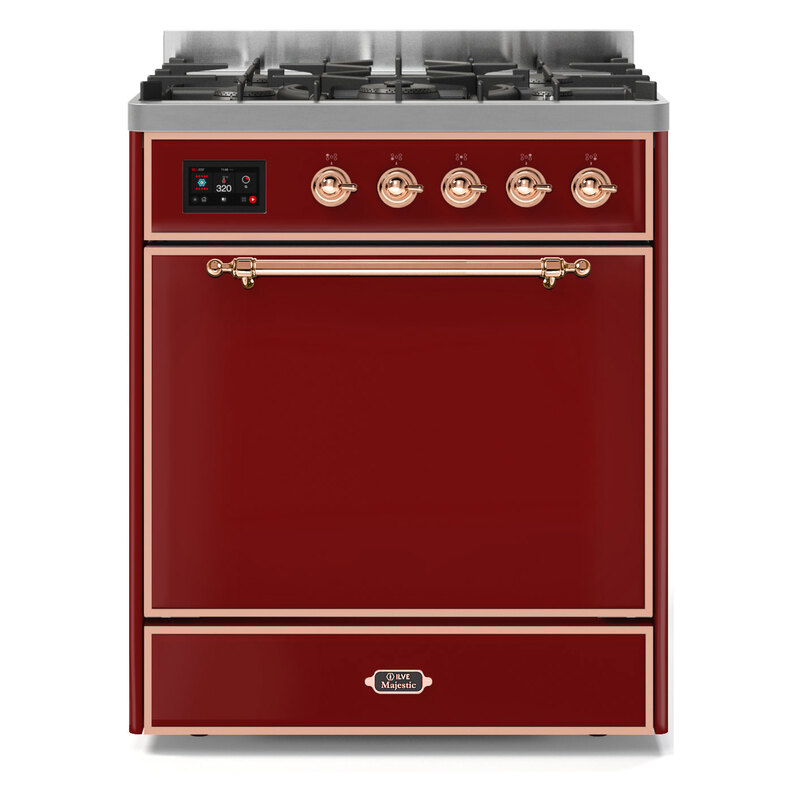 ILVE UM30DQNE3BUPLP Majestic II 30" Dual Fuel Range (Liquid Propane, Solid Door, Burgundy, Copper)