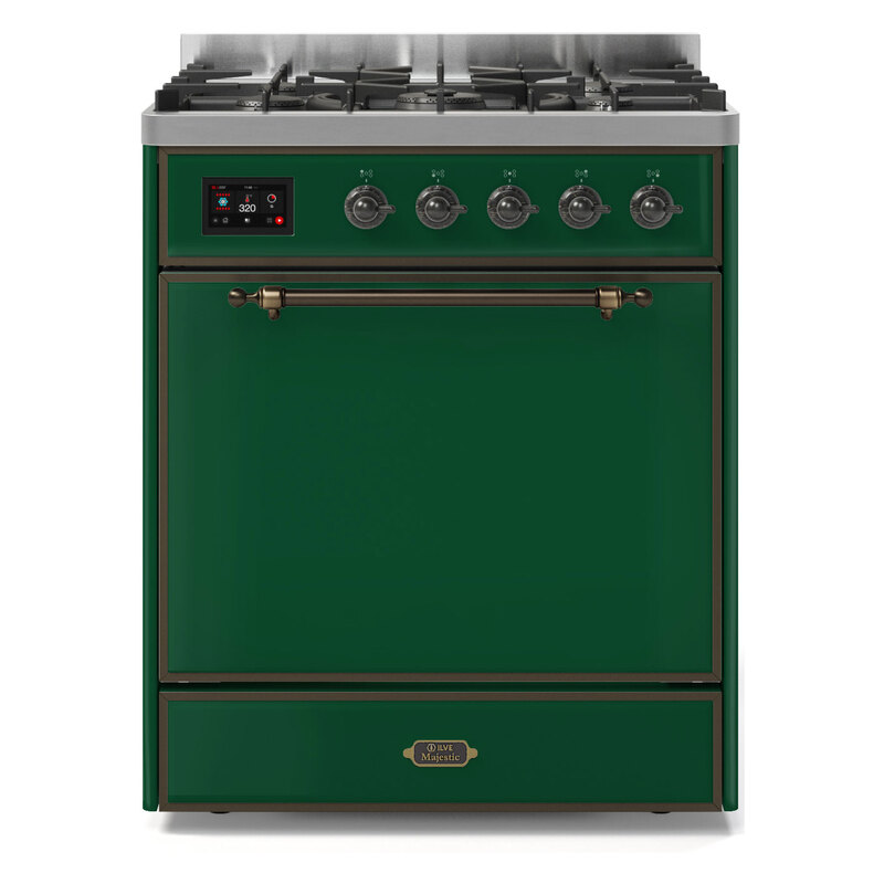 ILVE UM30DQNE3EGBLP Majestic II 30" Dual Fuel Range (Liquid Propane, Solid Door, Emerald Green, Burnished)