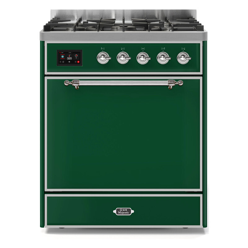 ILVE UM30DQNE3EGCLP Majestic II 30" Dual Fuel Range (Liquid Propane, Solid Door, Emerald Green, Chrome)