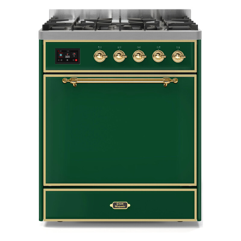 ILVE UM30DQNE3EGGLP Majestic II 30" Dual Fuel Range (Liquid Propane, Solid Door, Emerald Green, Brass)