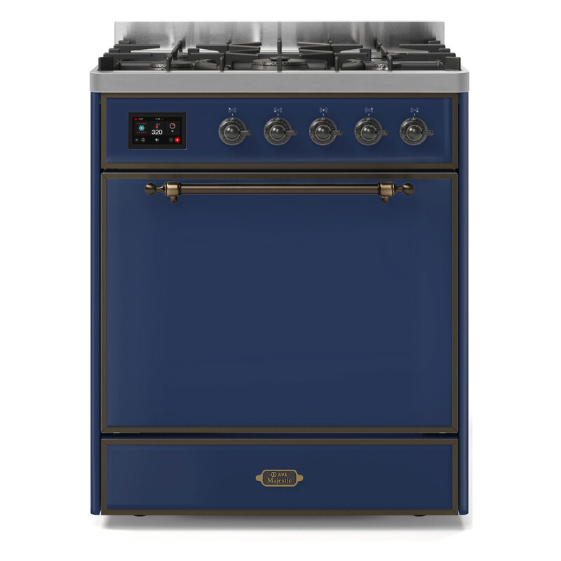 ILVE UM30DQNE3MBBLP Majestic II 30" Dual Fuel Range (Liquid Propane, Solid Door, Midnight Blue, Burnished)