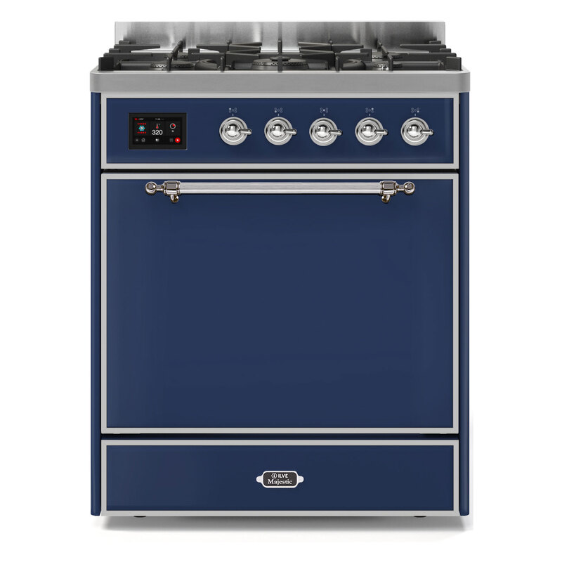 ILVE UM30DQNE3MBCLP Majestic II 30" Dual Fuel Range (Liquid Propane, Solid Door, Midnight Blue, Chrome)