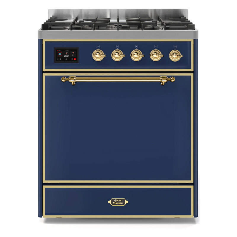 ILVE UM30DQNE3MBGLP Majestic II 30" Dual Fuel Range (Liquid Propane, Solid Door, Midnight Blue, Brass)