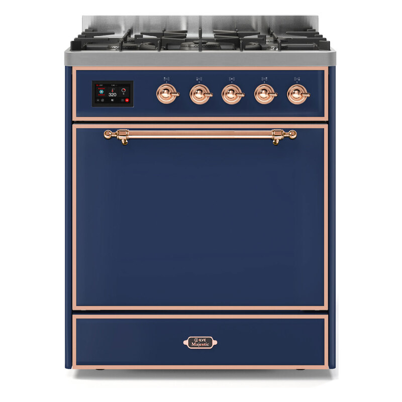 ILVE UM30DQNE3MBPLP Majestic II 30" Dual Fuel Range (Liquid Propane, Solid Door, Midnight Blue, Copper)