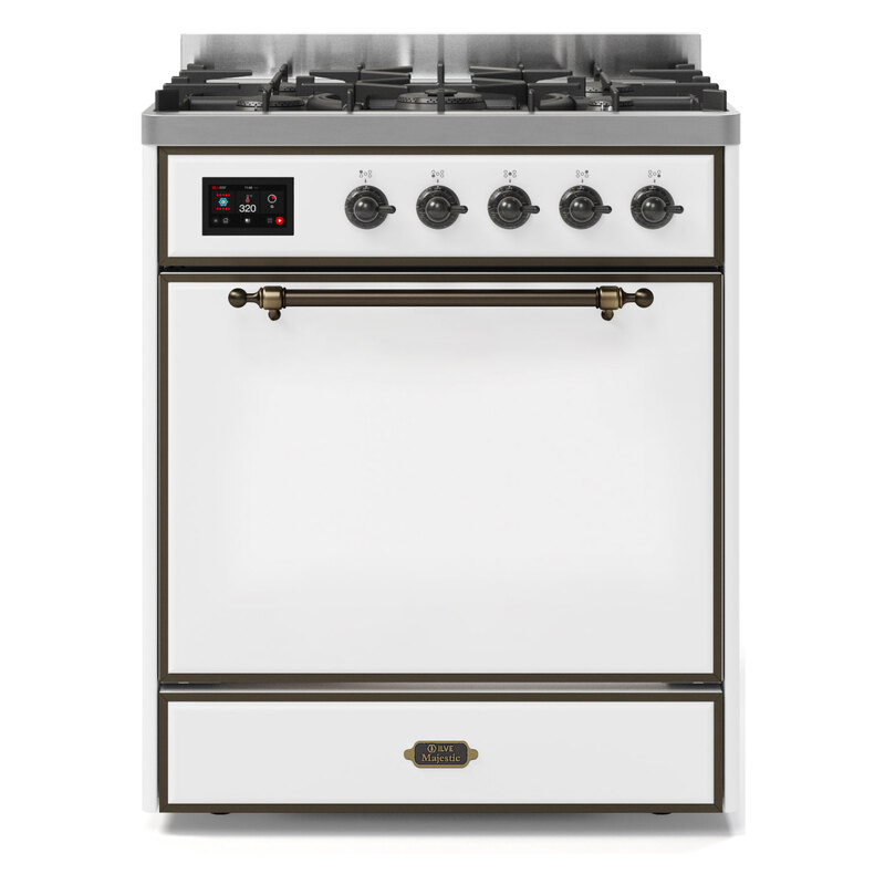 ILVE UM30DQNE3WHBLP Majestic II 30" Dual Fuel Range (Liquid Propane, Solid Door, White, Burnished)