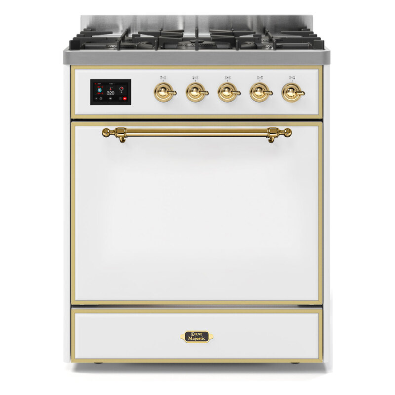 ILVE UM30DQNE3WHGLP Majestic II 30" Dual Fuel Range (Liquid Propane, Solid Door, White, Brass)