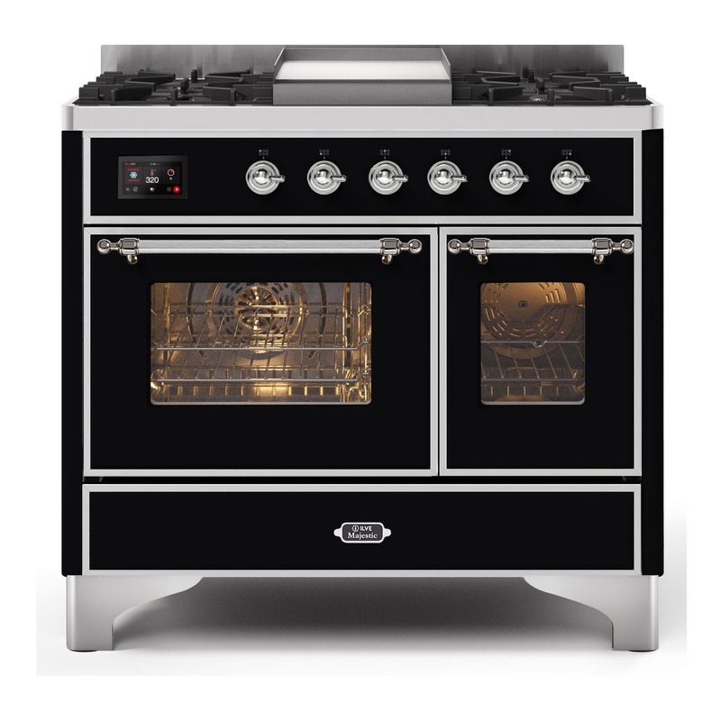 ILVE UMD10FDNS3BKCLP Majestic II 40" Dual Fuel Range (Liquid Propane, Triple Glass Door, Glossy Black, Chrome)