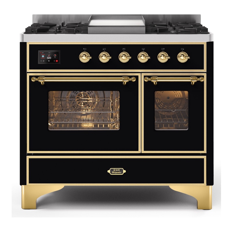 ILVE UMD10FDNS3BKGLP Majestic II 40" Dual Fuel Range (Liquid Propane, Triple Glass Door, Glossy Black, Brass)