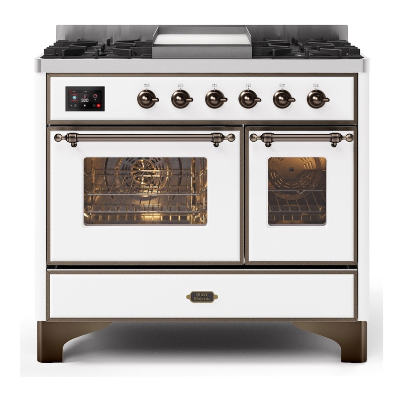 ILVE UMD10FDNS3WHBLP Majestic II 40" Dual Fuel Range (Liquid Propane, Triple Glass Door, White, Burnished)