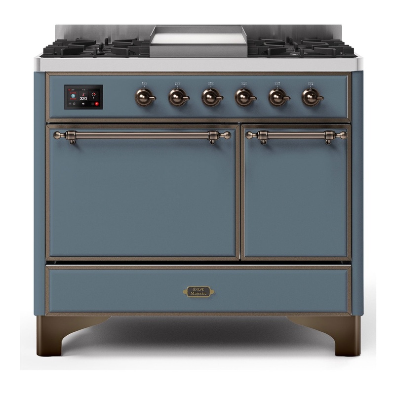 ILVE UMD10FDQNS3BGBLP Majestic II 40" Dual Fuel Range (Liquid Propane, Solid Door, Blue Grey, Burnished)