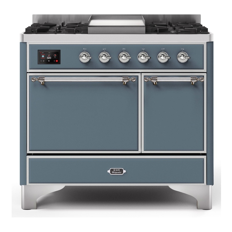 ILVE UMD10FDQNS3BGCLP Majestic II 40" Dual Fuel Range (Liquid Propane, Solid Door, Blue Grey, Chrome)