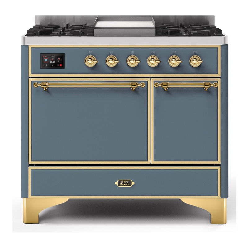 ILVE UMD10FDQNS3BGGLP Majestic II 40" Dual Fuel Range (Liquid Propane, Solid Door, Blue Grey, Brass)