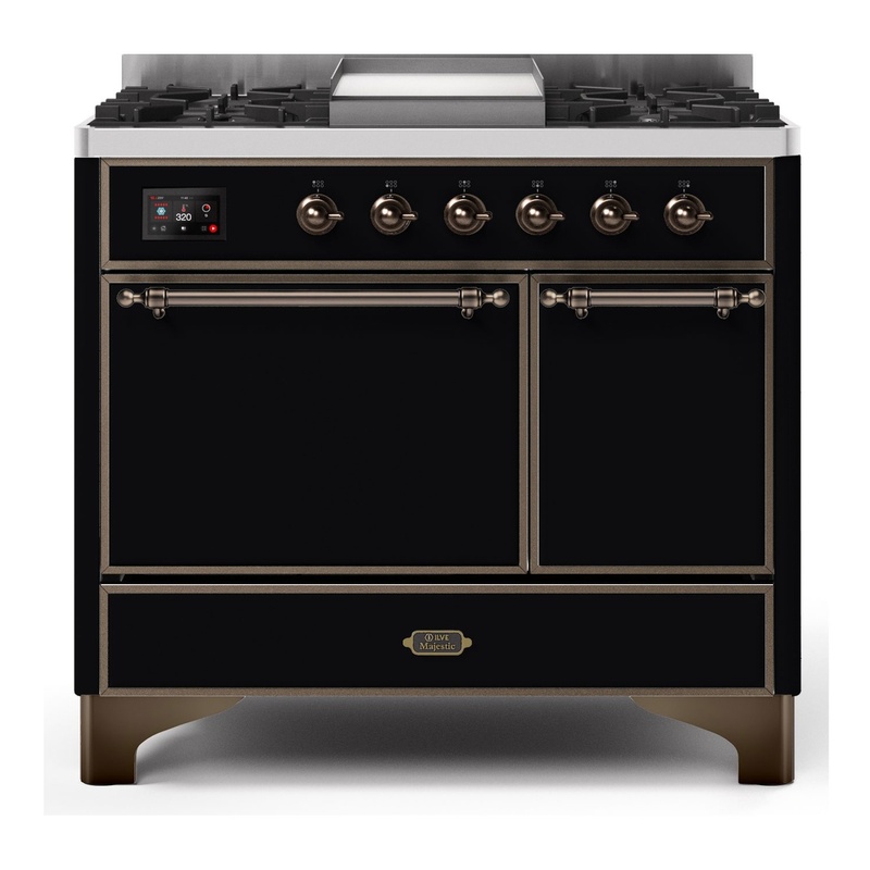 ILVE UMD10FDQNS3BKBLP Majestic II 40" Dual Fuel Range (Liquid Propane, Solid Door, Glossy Black, Burnished)