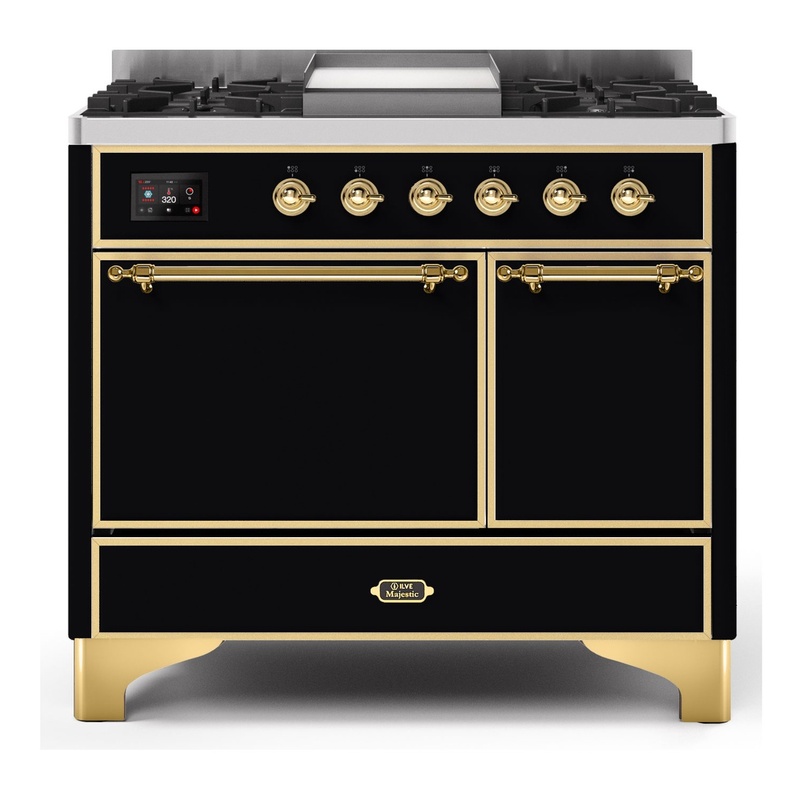 ILVE UMD10FDQNS3BKGLP Majestic II 40" Dual Fuel Range (Liquid Propane, Solid Door, Glossy Black, Brass)