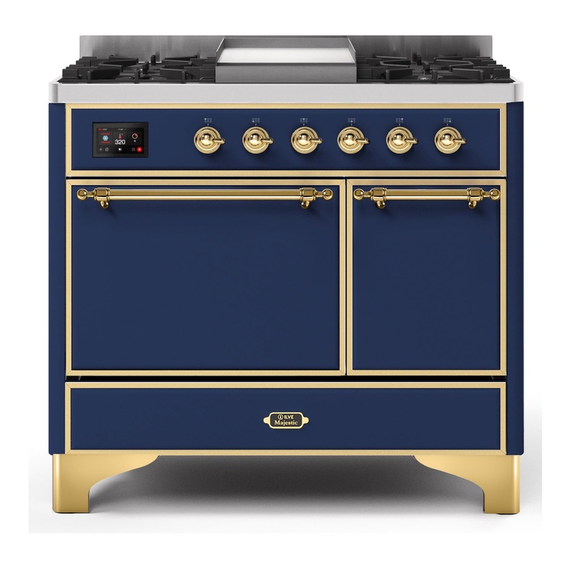 ILVE UMD10FDQNS3MBGLP Majestic II 40" Dual Fuel Range (Liquid Propane, Solid Door, Midnight Blue, Brass)