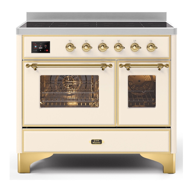 ILVE UMDI10NS3AWG Majestic II 40" Induction Range with 6 Elements, Booster Function, Bridge Control, Residual Heat Indicator (Triple Glass Door, Antique White, Brass)