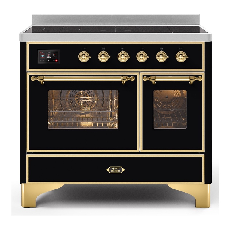 ILVE UMDI10NS3BKG Majestic II 40" Induction Range with 6 Elements, Booster Function, Bridge Control, Residual Heat Indicator (Triple Glass Door, Glossy Black, Brass)