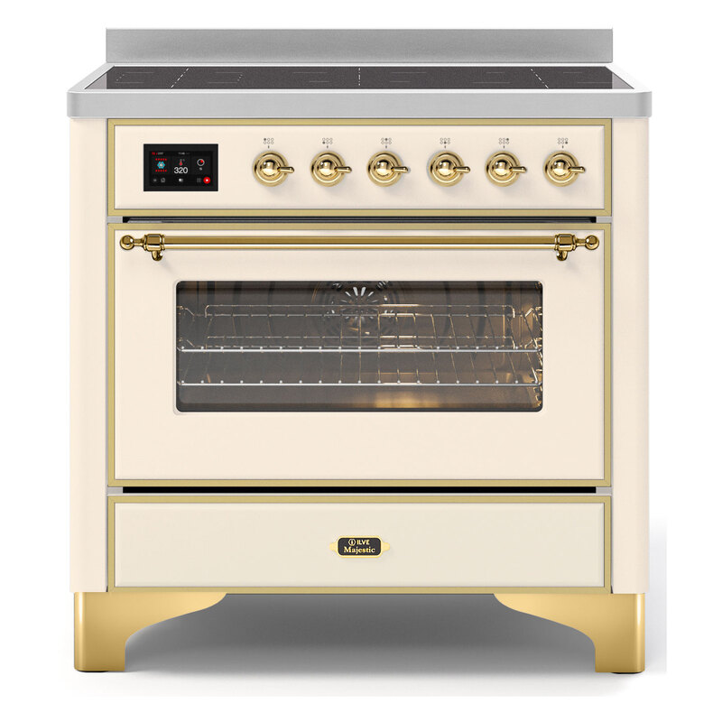 ILVE UMI09NS3AWG Majestic II 36" Induction Range (Triple Glass Door, Antique White, Brass)