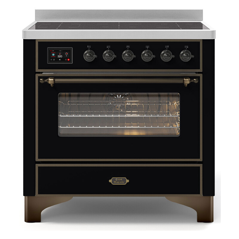 ILVE UMI09NS3BKB Majestic II 36" Induction Range (Triple Glass Door, Glossy Black, Burnished)