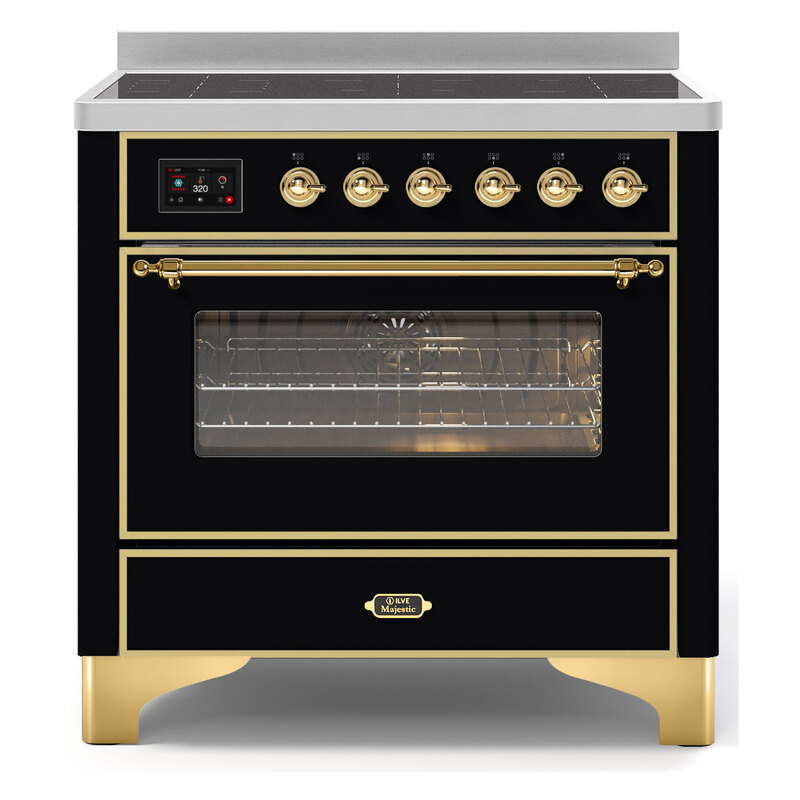 ILVE UMI09NS3BKG Majestic II 36" Induction Range (Triple Glass Door, Glossy Black, Brass)