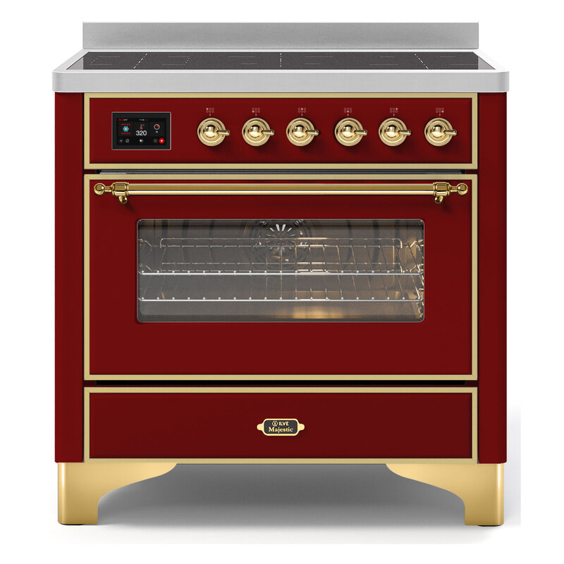 ILVE UMI09NS3BUG Majestic II 36" Induction Range (Triple Glass Door, Burgundy, Brass)