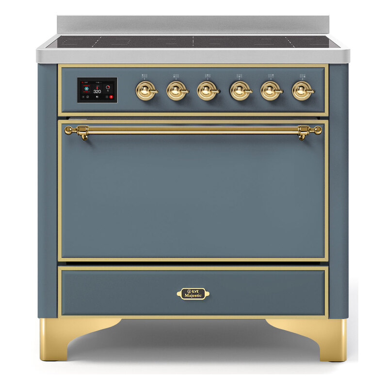 ILVE UMI09QNS3BGG Majestic II 36" Induction Range (Solid Door, Blue Grey, Brass)