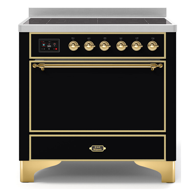 ILVE UMI09QNS3BKG Majestic II 36" Induction Range (Solid Door, Glossy Black, Brass)