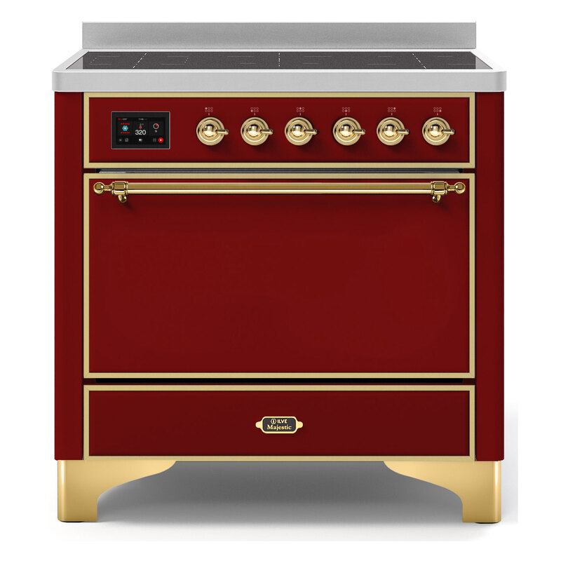 ILVE UMI09QNS3BUG Majestic II 36" Induction Range (Solid Door, Burgundy, Brass)