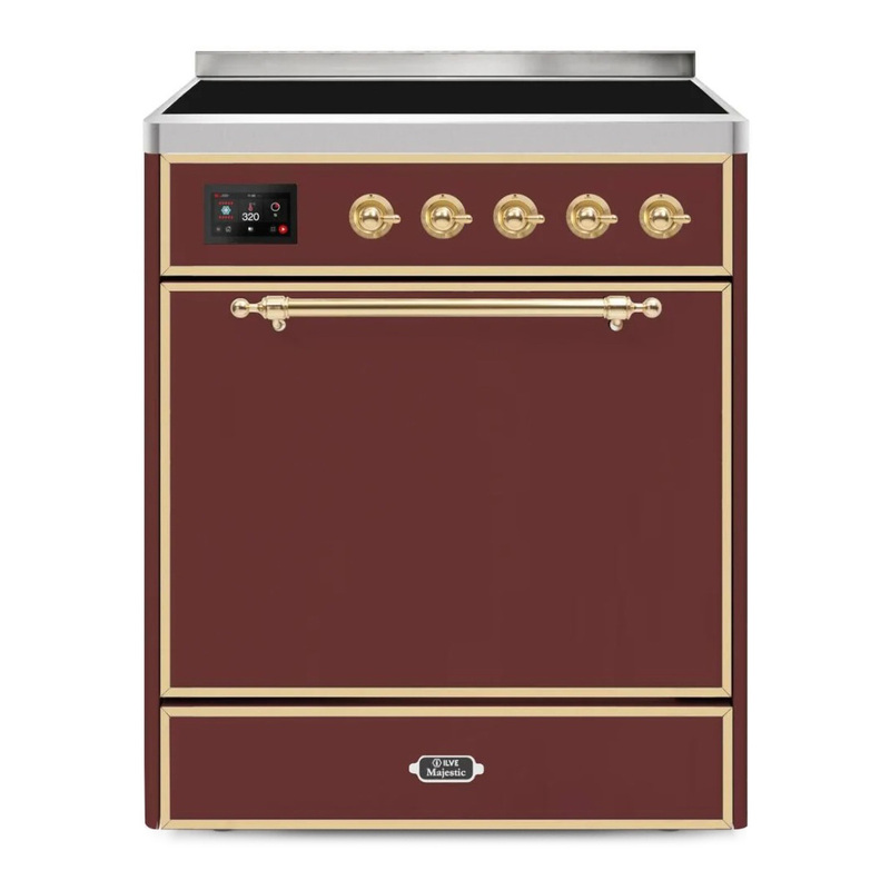 ILVE UMI30QNE3BUG Majestic II 30" Induction Range (Solid Door, Burgundy, Brass)