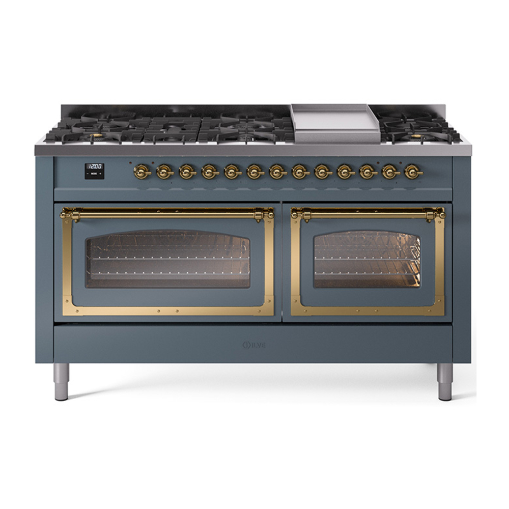 ILVE UN60FNMPBGGLP Nostalgie II Noblesse 60" Dual Fuel Range      (9 Sealed Burners + Griddle, Liquid Propane, Triple Glass Door, Blue Grey, Brass)